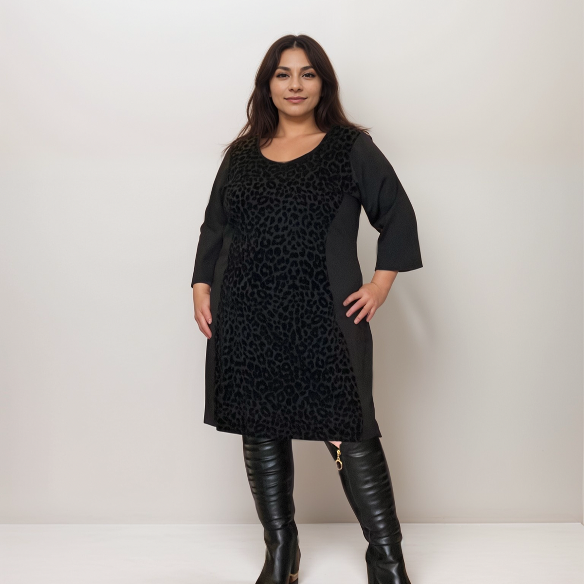 BLACK 3/4 SLEEVE DRESS WITH VELVET PANEL