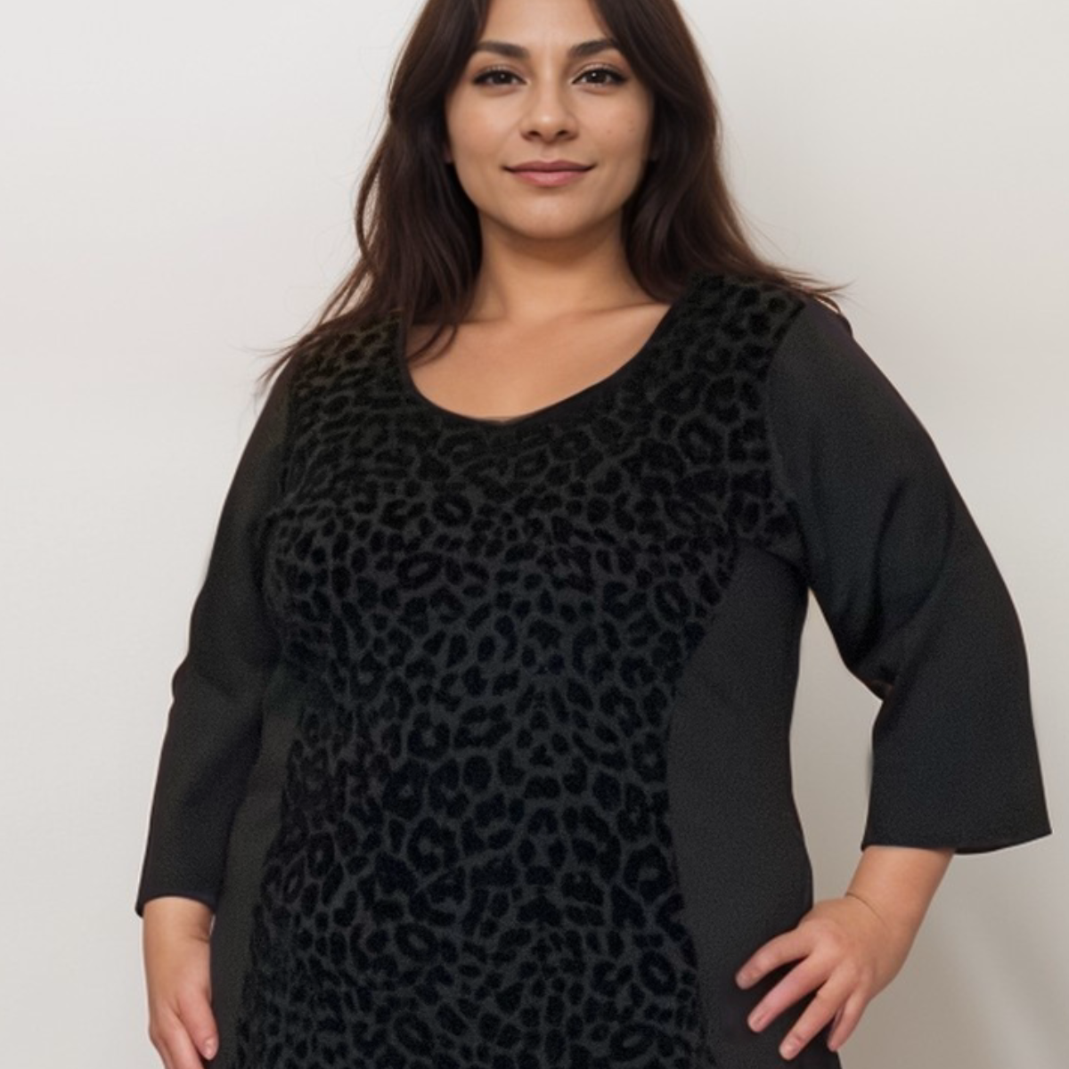 BLACK 3/4 SLEEVE DRESS WITH VELVET PANEL