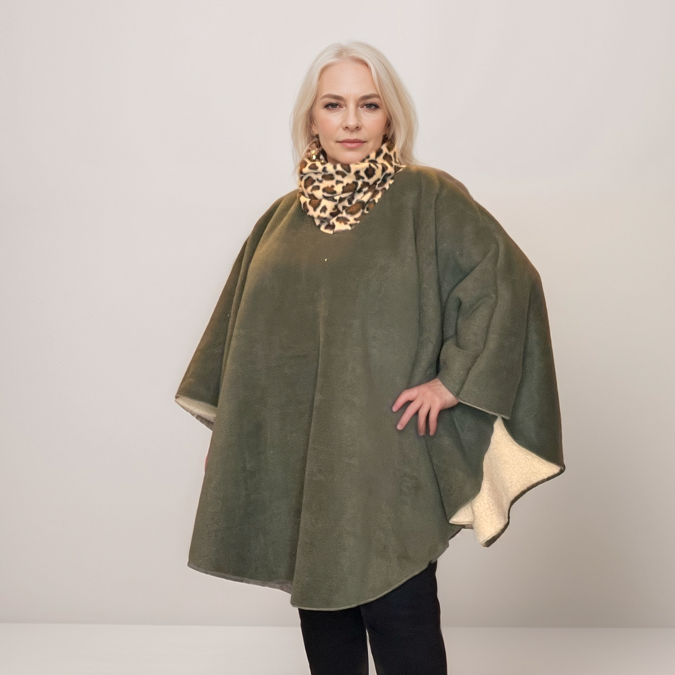 KHAKI THICK FLEECE LINED POLO NECK PONCHO