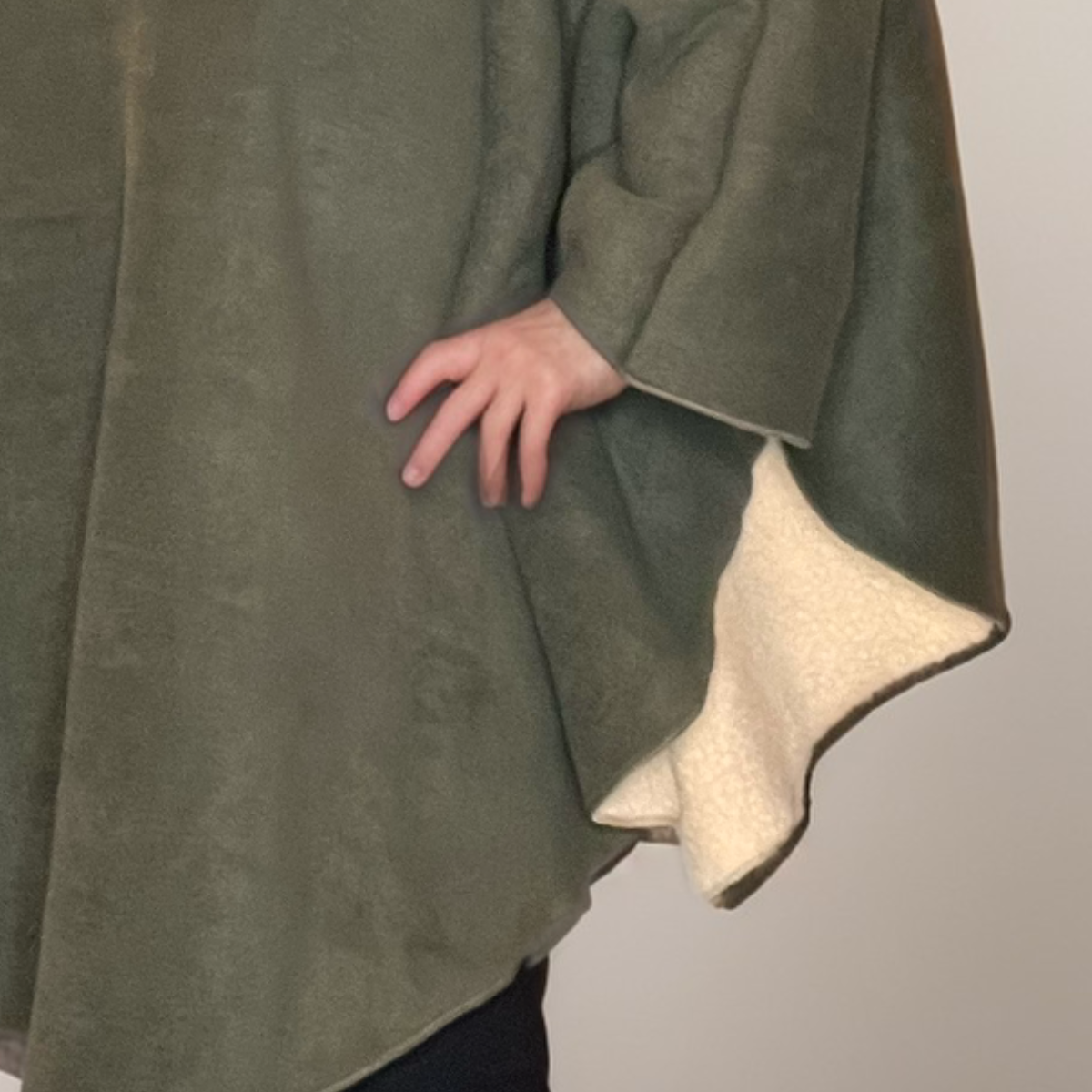 KHAKI THICK FLEECE LINED POLO NECK PONCHO