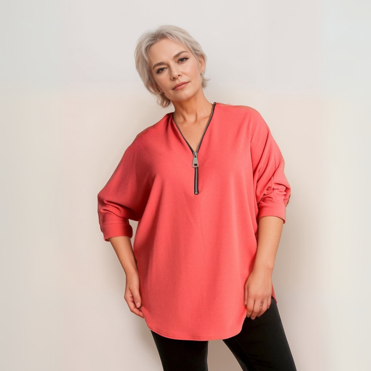 DIPPED HEM BATWING BLOUSE WITH ZIP V-NECK