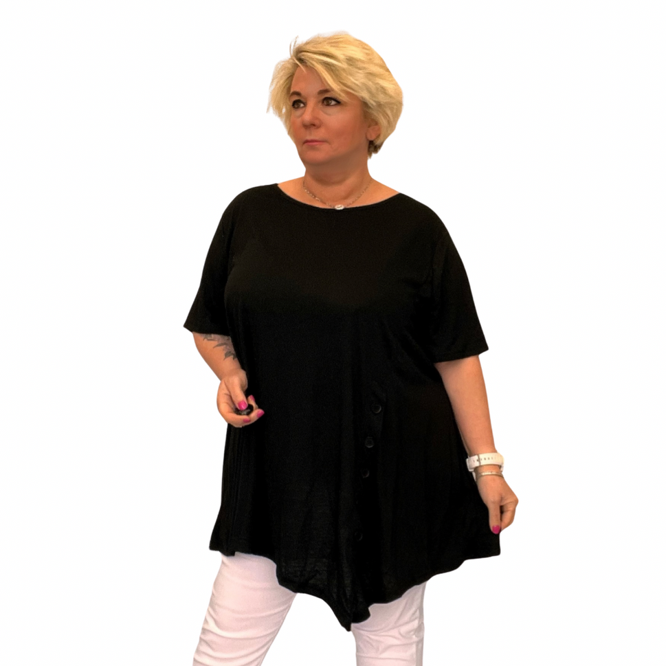 SHORT SLEEVE LONG TOP WITH V HEM AND BUTTON DETAILBlack / UK 16-18