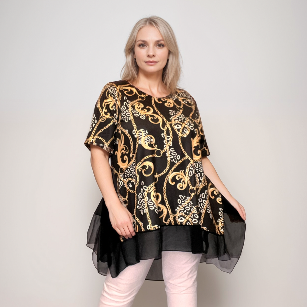 GOLD CHAIN CHIFFON HEM TOP