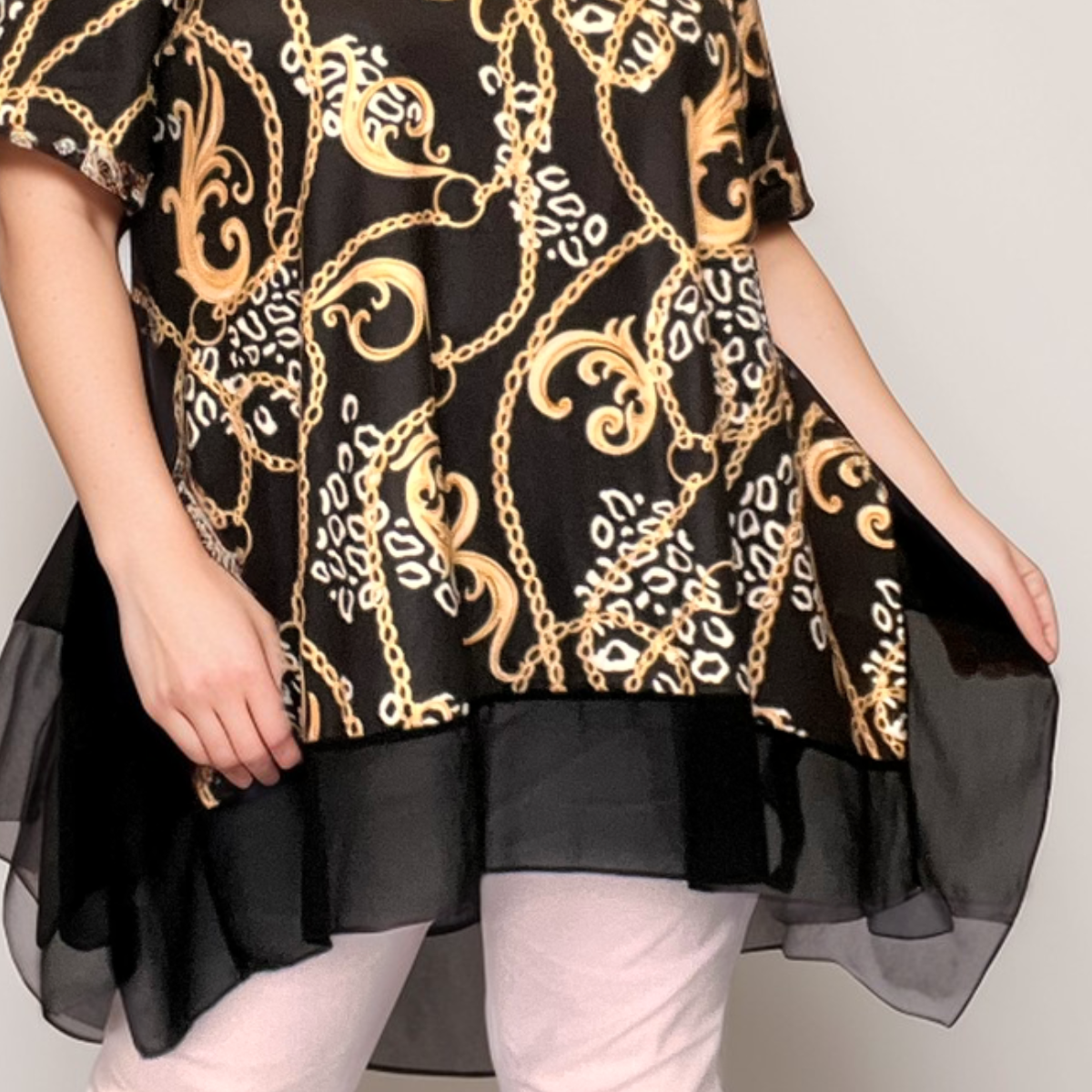 GOLD CHAIN CHIFFON HEM TOP