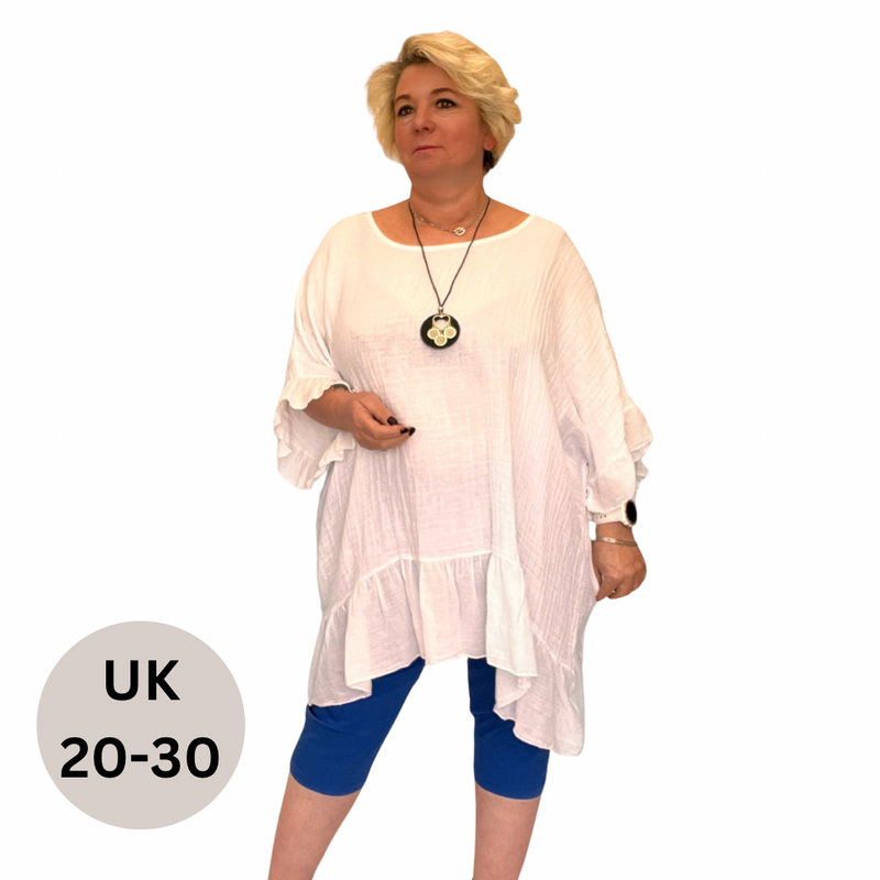 WHITE COTTON OVERSIZED BLOUSE WITH FRILLED HEM AND NECKLACE