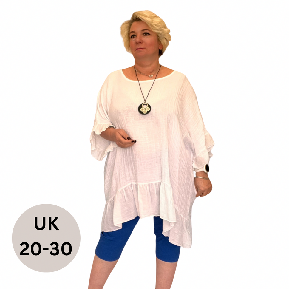 ROCKTHOSECURVES COTTON OVERSIZED BLOUSE WITH FRILLED HEM AND NECKLACEWHITE / UK 20-22