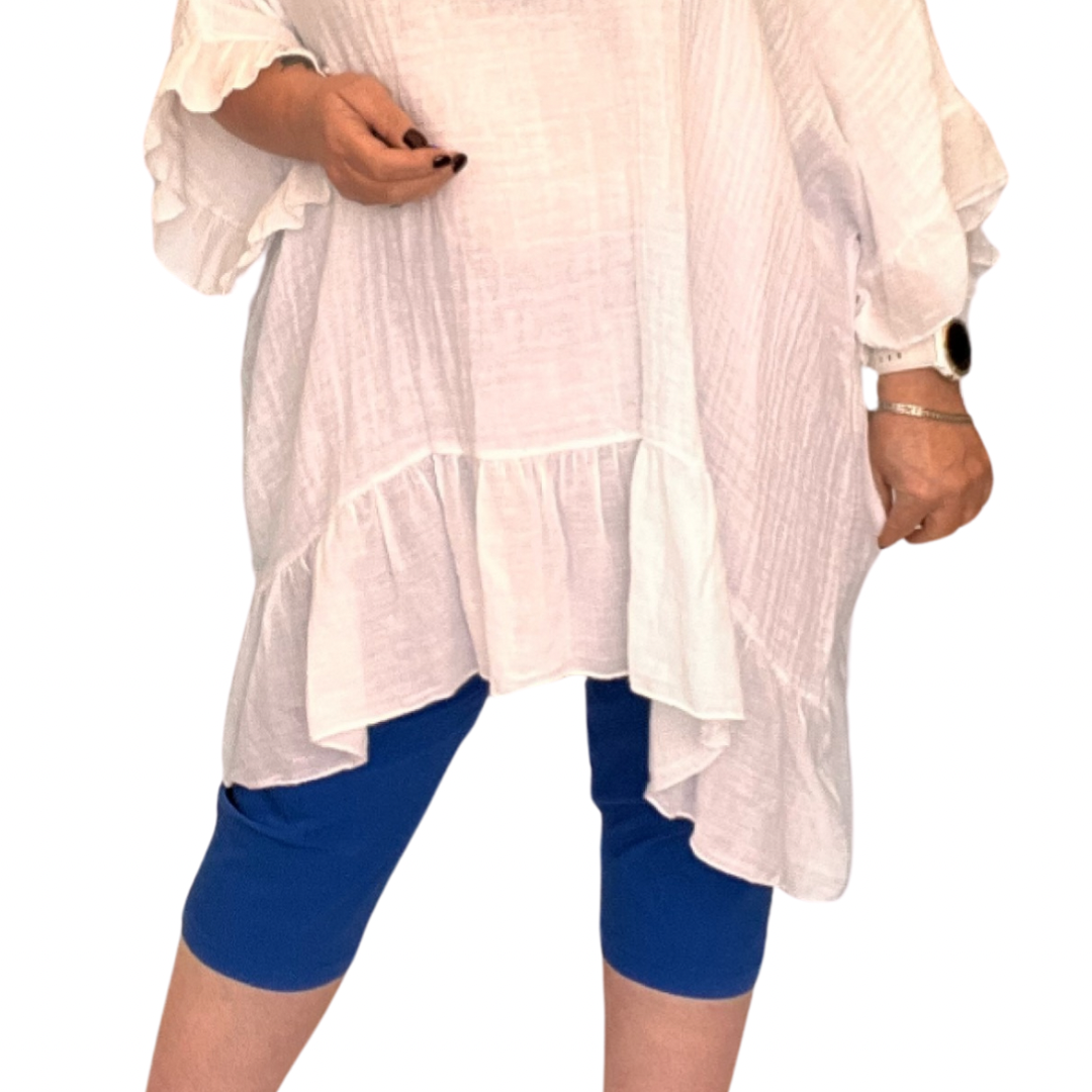 ROCKTHOSECURVES COTTON OVERSIZED BLOUSE WITH FRILLED HEM AND NECKLACE