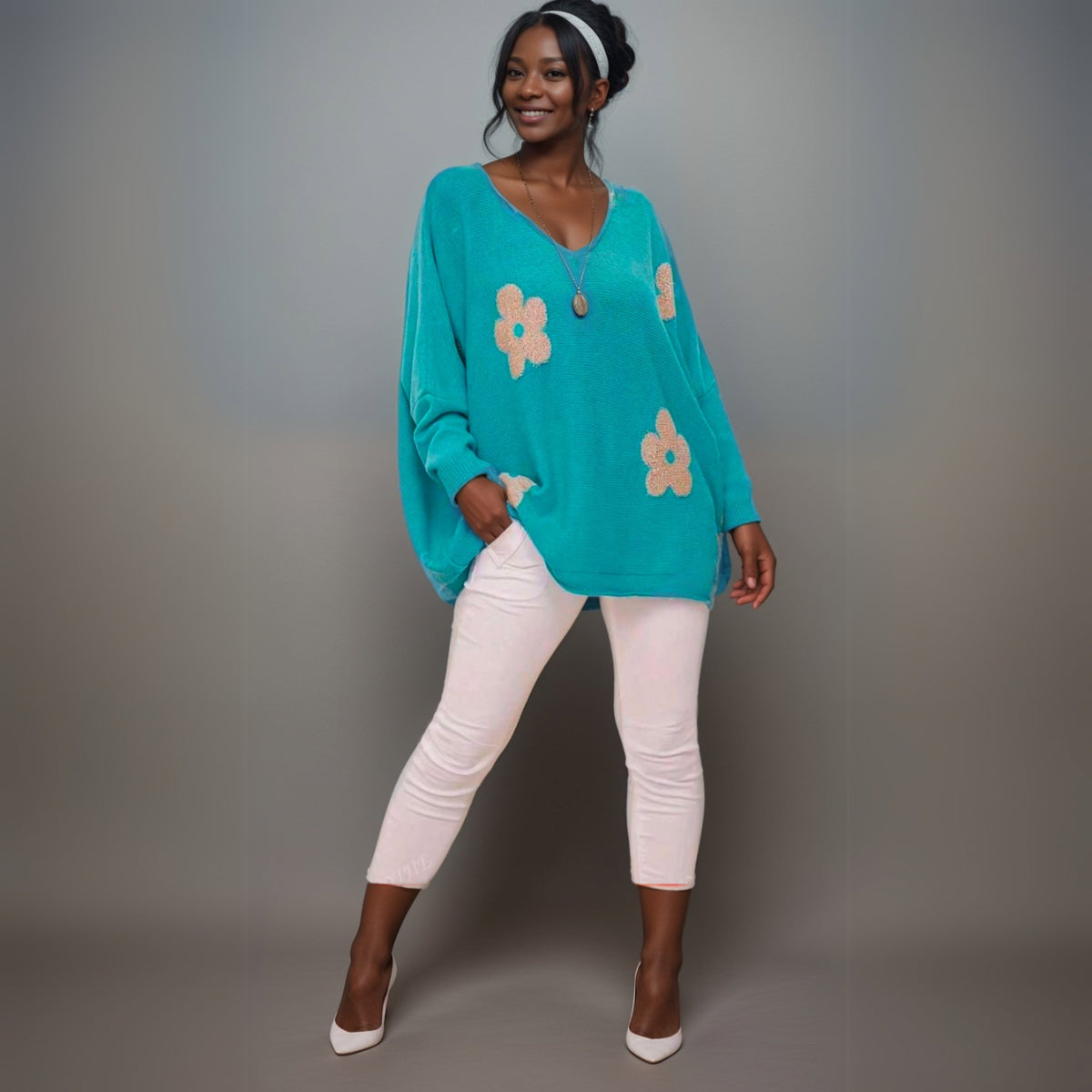 TEAL V NECK JUMPER WITH FLOWERS