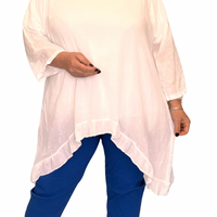 WHITE COTTON OVERSIZED BLOUSE WITH FRILLED EDGING