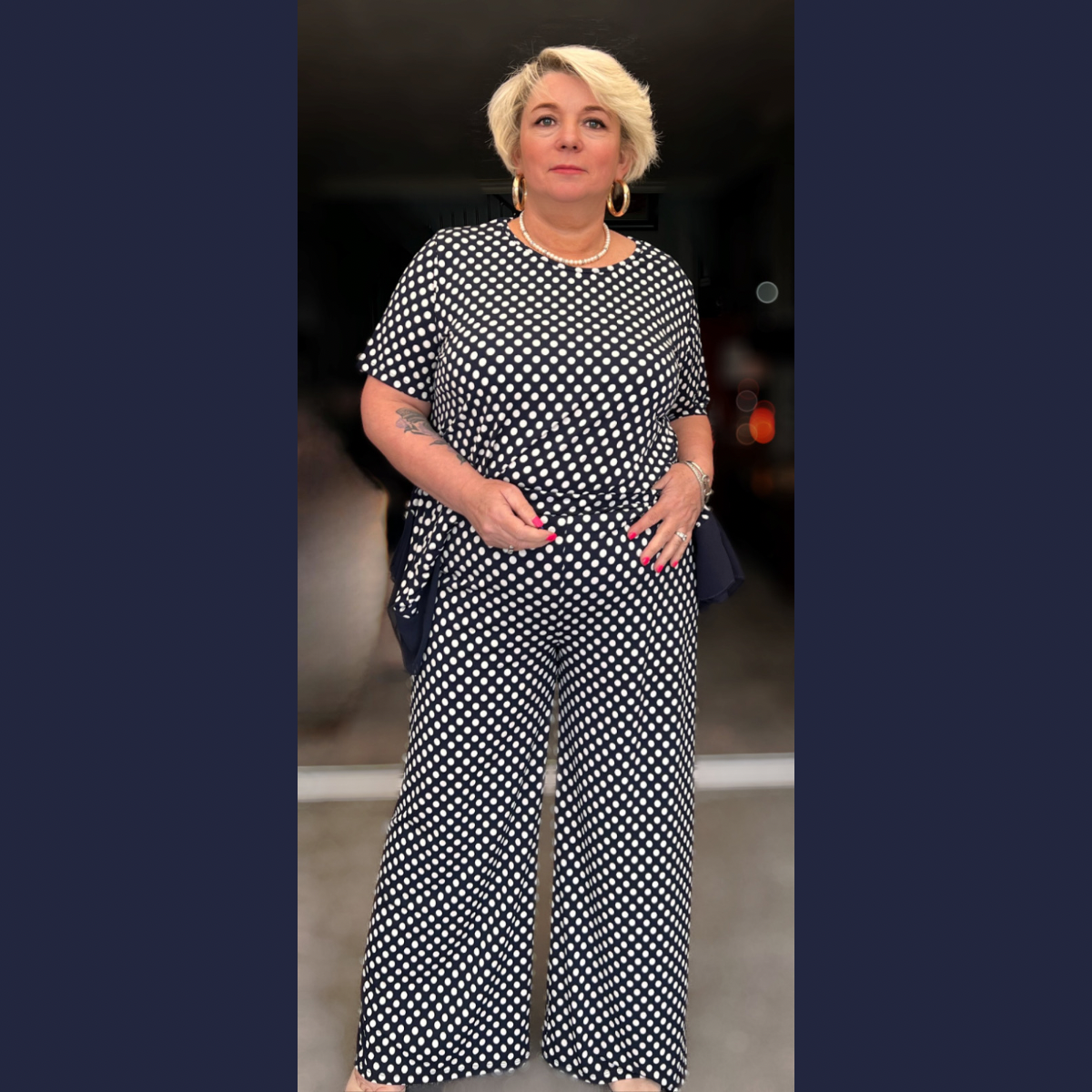 NAVY WHITE POLKA DOT ELASTIC WAIST PALAZZO TROUSERS