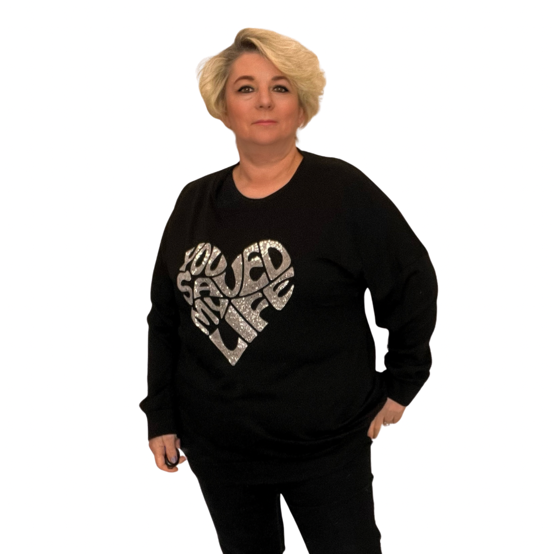 BLACK WITH SILVER STUDDED HEART LONG SLEEVE TOP