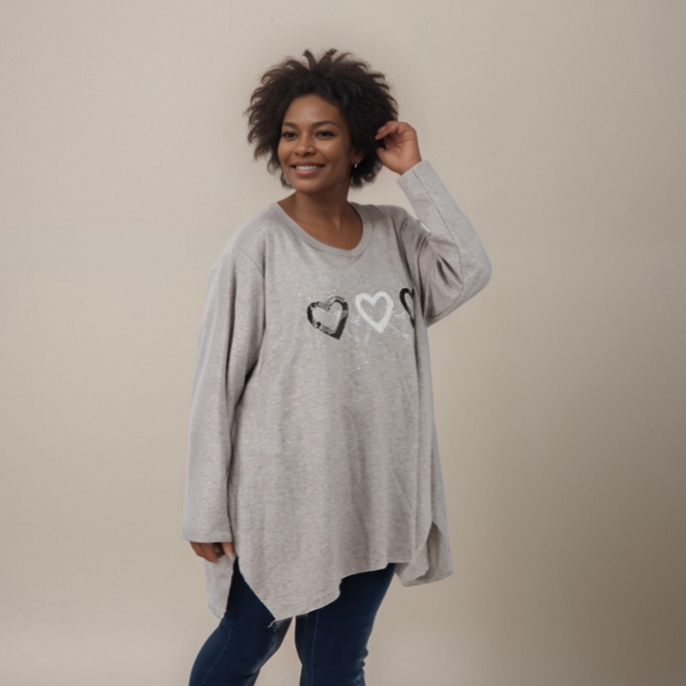 HANKY HEM LONG SLEEVE TOP WITH 5 SPARKLY HEARTS