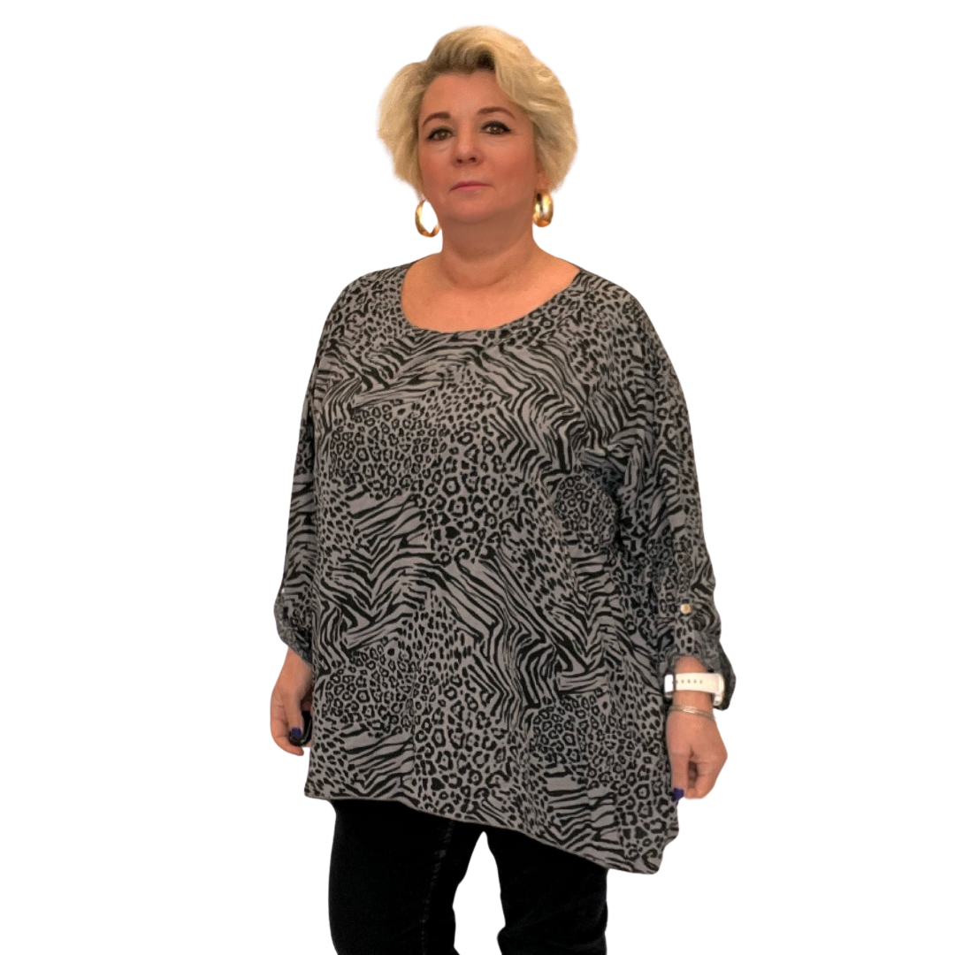 ROCKTHOSECURVES ANIMAL PRINT DIPPED HEM BLOUSE WITH BUTTON SLEEVES