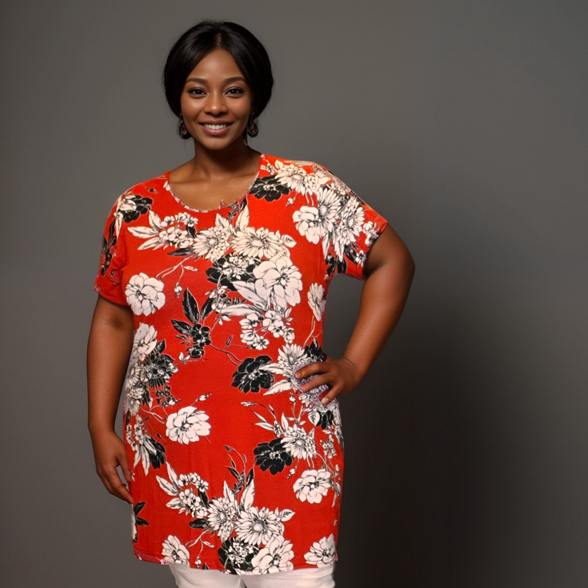 RED FLORAL LONG LENGTH SHORT SLEEVE T-SHIRT