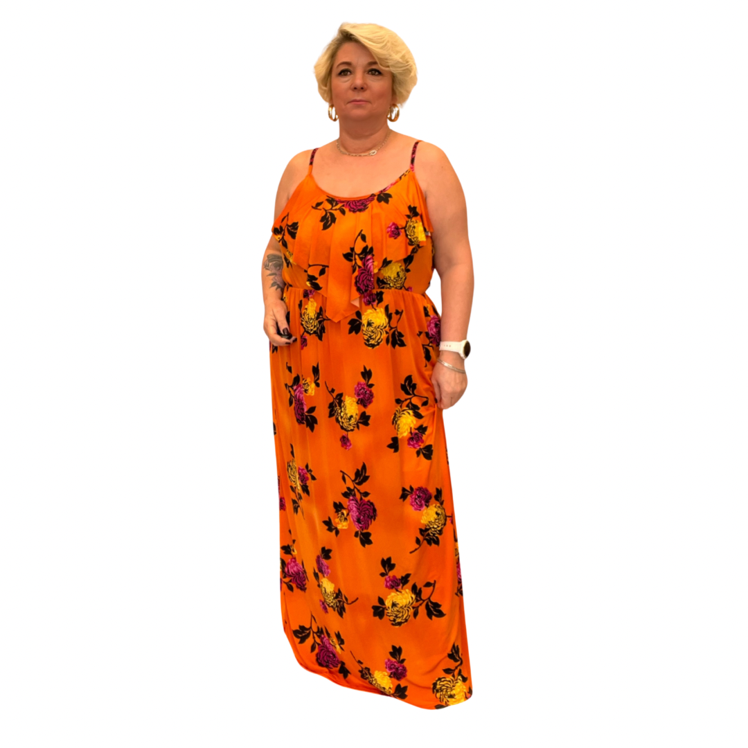 ROCKTHOSECURVES STRAPPY PEONY PRINT MAXI DRESS WITH V FRILLED TOP