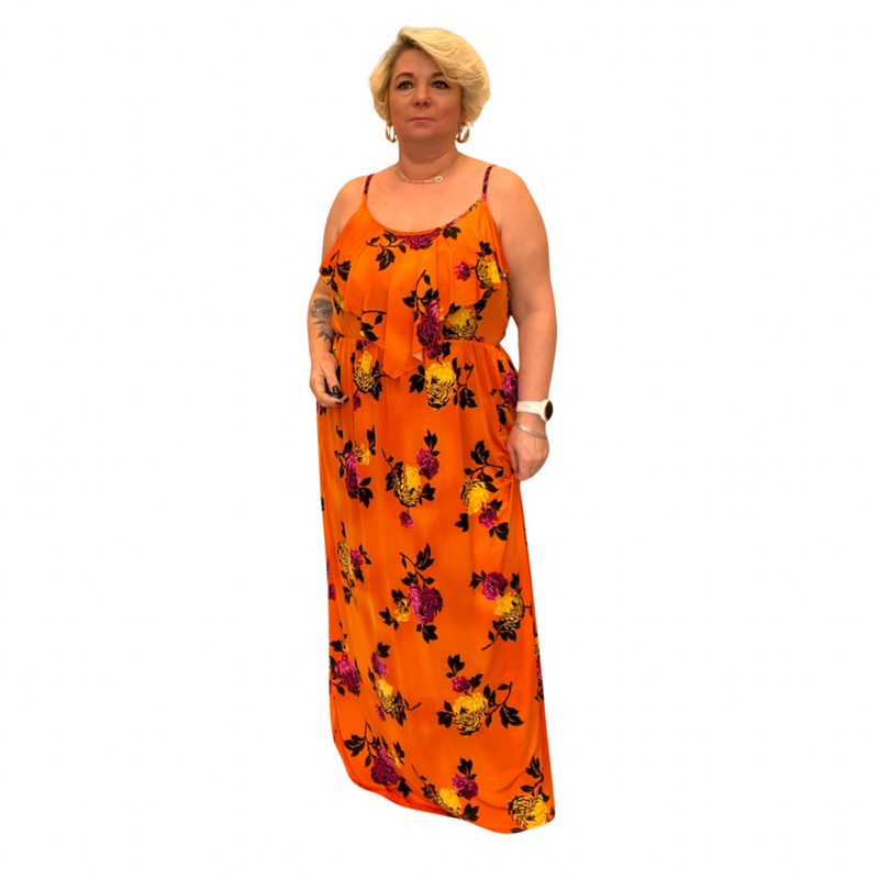 STRAPPY PEONY PRINT MAXI DRESS WITH V FRILLED TOP