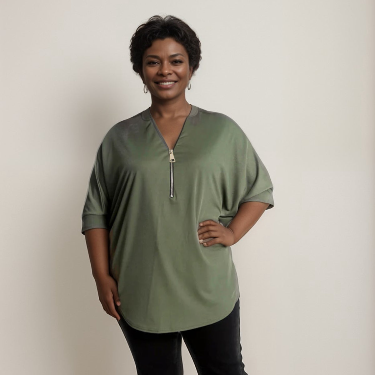 DIPPED HEM BATWING BLOUSE WITH ZIP V-NECK