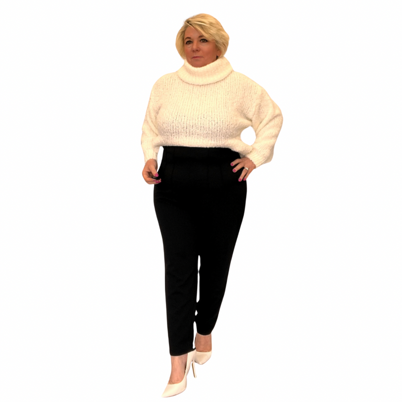 PLAIN BLACK ELASTICATED WAIST TROUSERS WITH FLAT FRONT