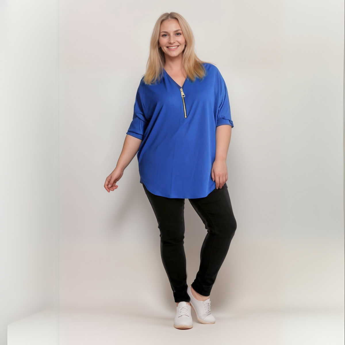 DIPPED HEM BATWING BLOUSE WITH ZIP V-NECK