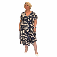 ABSTRACT PRINT LOOSE FITTING V NECK DRESS WITH FLUTED SLEEVE