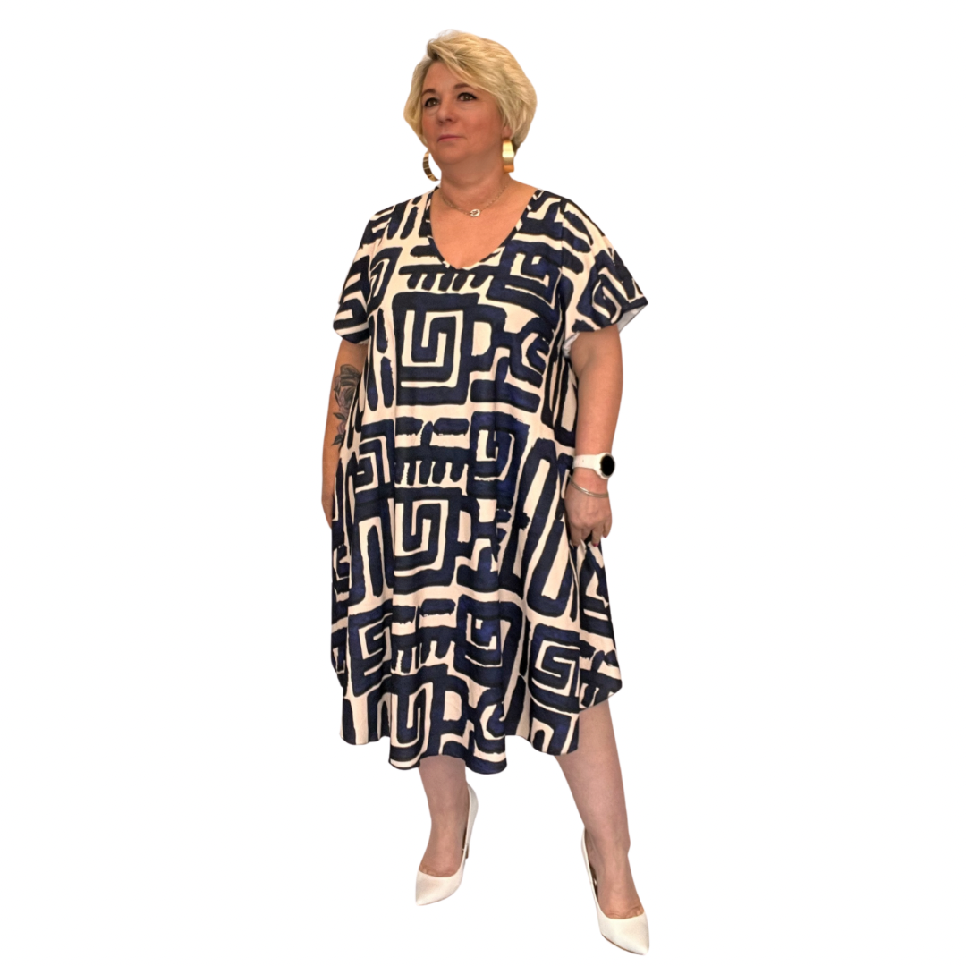 ABSTRACT PRINT LOOSE FITTING V NECK DRESS WITH FLUTED SLEEVE