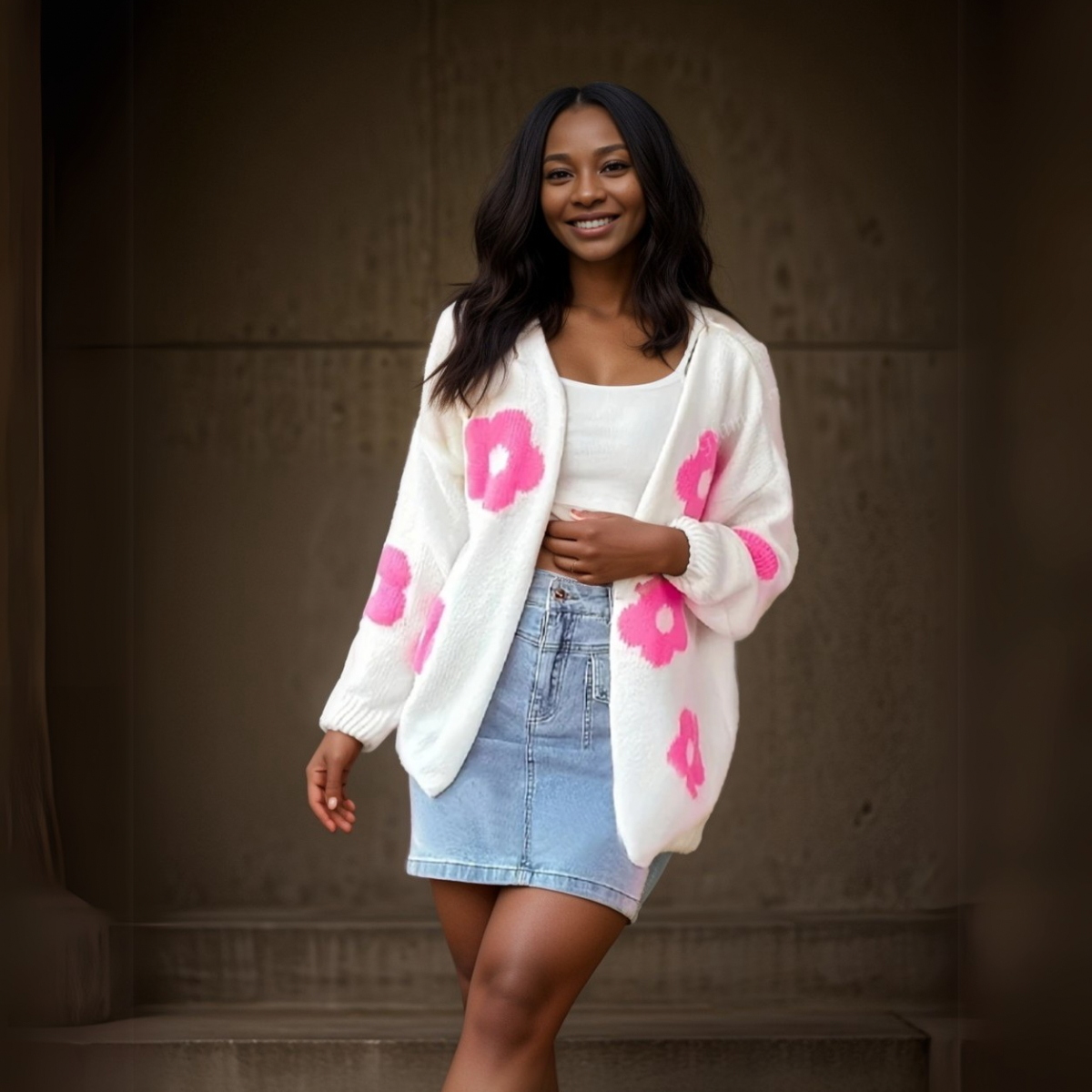 OPEN FRONT CARDIGAN WITH FLOWERS