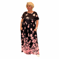 BLACK BRIGHT FLORAL PRINT SHORT SLEEVE MAXI DRESS WITH SIDE POCKETS