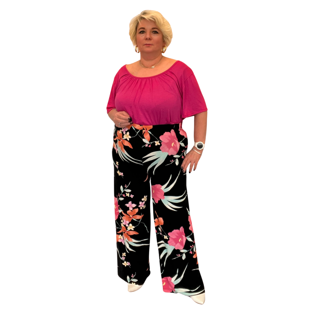 ROCKTHOSECURVES BLACK MULTI TROPICAL ELASTIC WAIST WIDE LEG PALAZZO