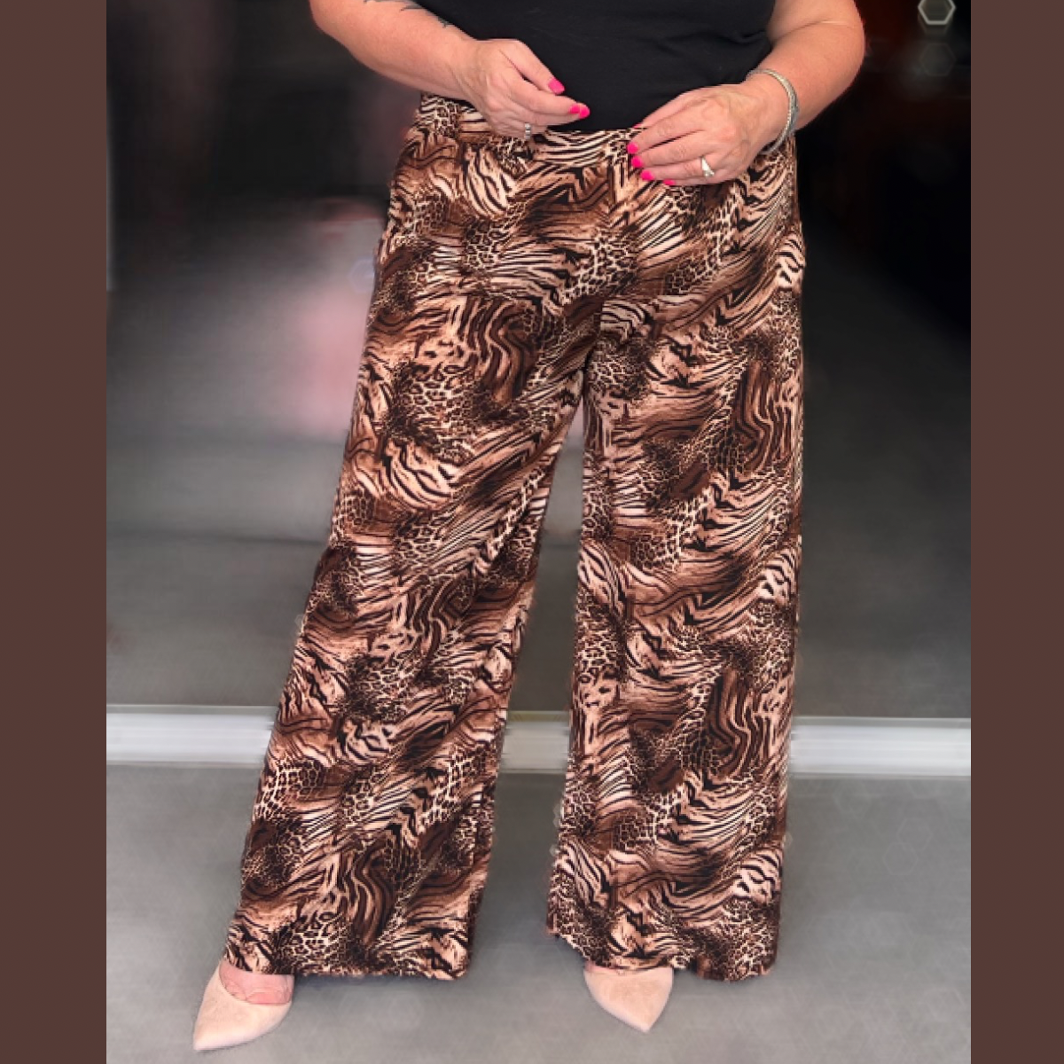 BROWN FINE LEOPARD ELASTICATED WAIST PALAZZO TROUSERS
