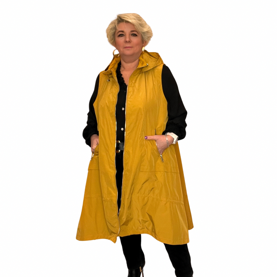 SLEEVELESS A-LINED FULLY LINED COAT WITH HOOD / GILETMUSTARD / UK 12-14