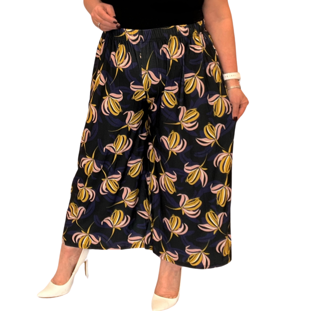 NAVY MUSTARD ELASTIC WAIST 3/4 LENGTH PALAZZO TROUSERS CULOTTES