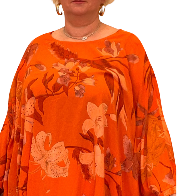 BRIGHT LILY PRINT OVERSIZED KAFTAN / BLOUSE WITH SEQUIN CUFFS