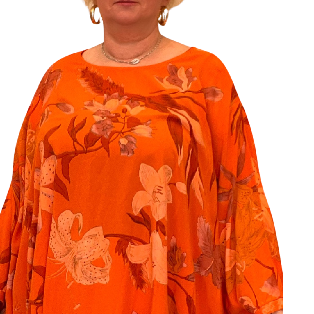 ROCKTHOSECURVES BRIGHT LILY PRINT OVERSIZED KAFTAN / BLOUSE WITH SEQUIN CUFFS