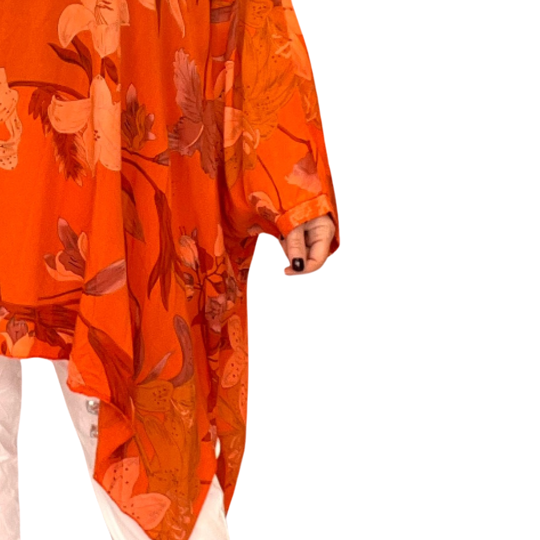 BRIGHT LILY PRINT OVERSIZED KAFTAN / BLOUSE WITH SEQUIN CUFFS