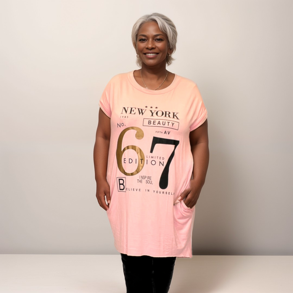 NEW YORK 67 LONG DIPPED HEM T-SHIRT POCKETSPINK / UK 16-18