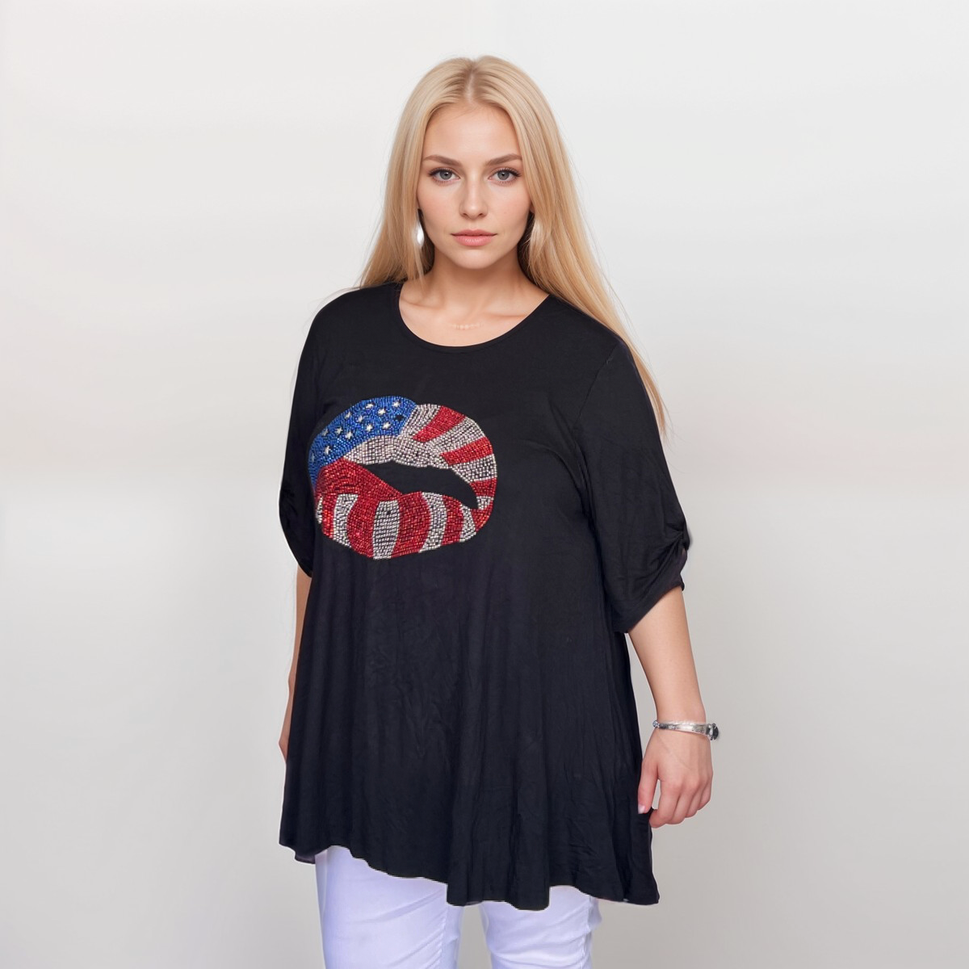 BLACK BUTTON SLEEVE SWING TOP WITH STUDDED USA LIPS