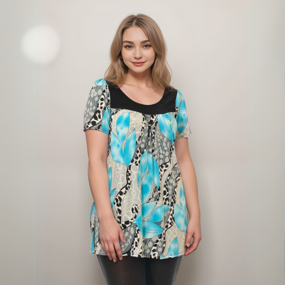 LEAF PRINT SHORT SLEEVE SMOCK TOP