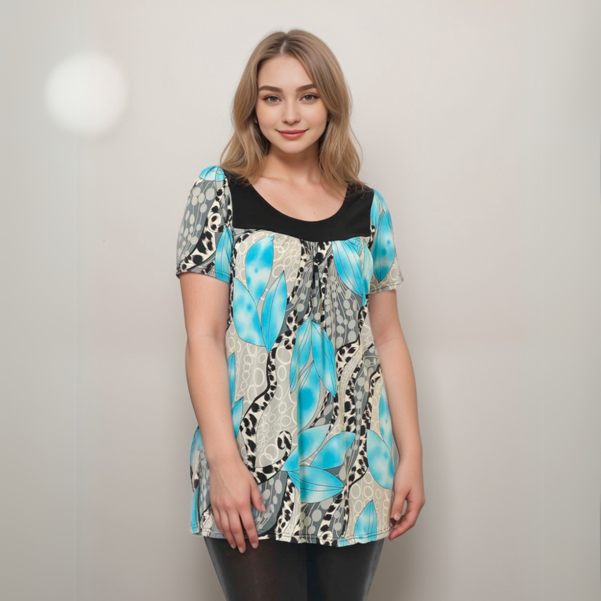 LEAF PRINT SHORT SLEEVE SMOCK TOP