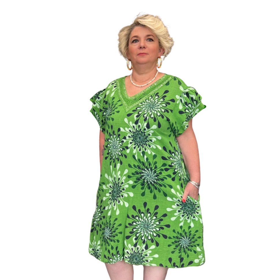 PURE COTTON A LINE DRESS WITH SIDE POCKETS AND CROCHET V NECKGreen / UK 12-14