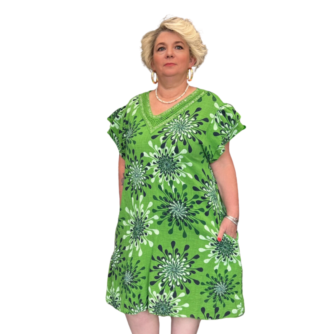 PURE COTTON A LINE DRESS WITH SIDE POCKETS AND CROCHET V NECK