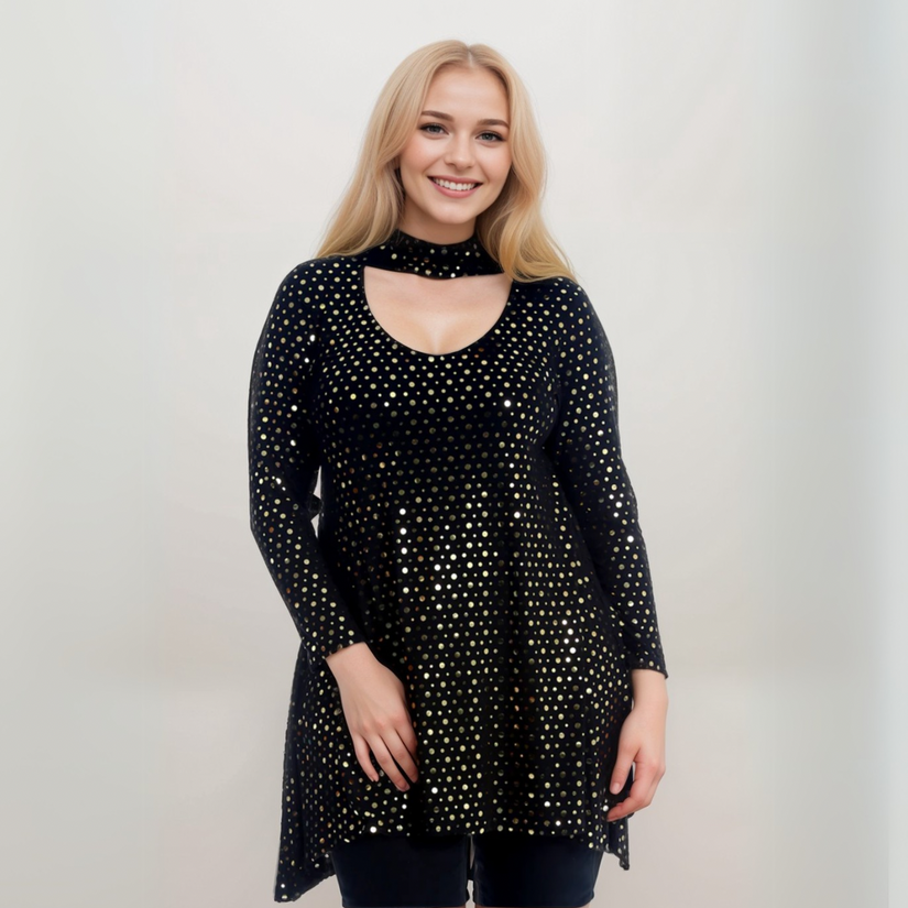 BLACK SEQUIN CHOKER NECK LONG SLEEVE SWING TOP