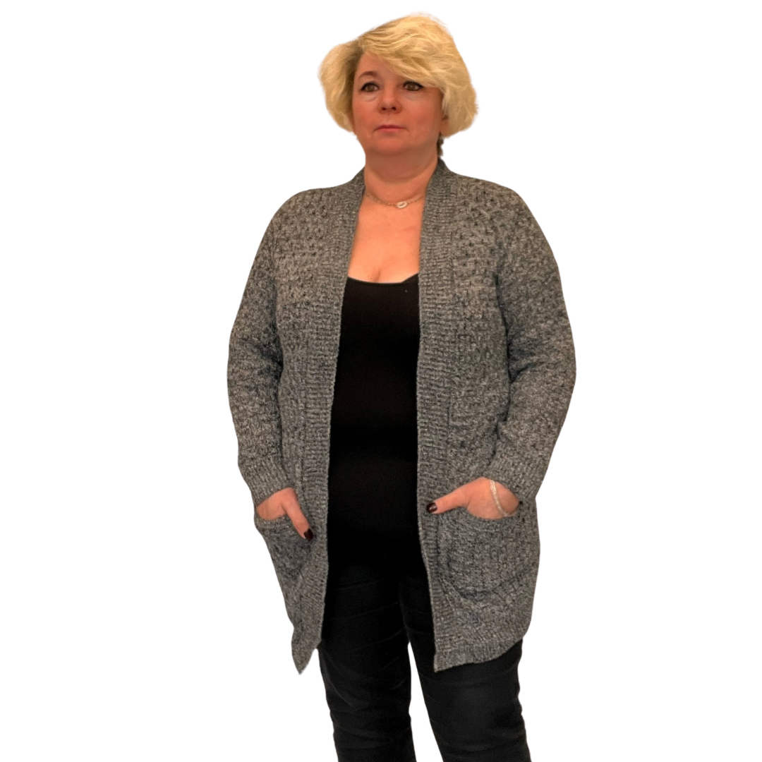 OPEN FRONT CABLE KNIT CARDIGAN WITH FRONT POCKETS