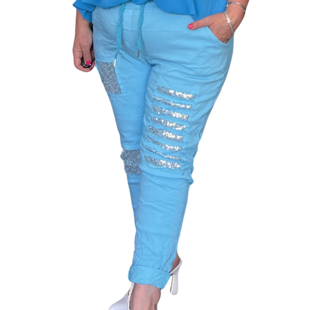 SUPER STRETCHY MAGIC TROUSERS / JEANS WITH SEQUIN PATCHES