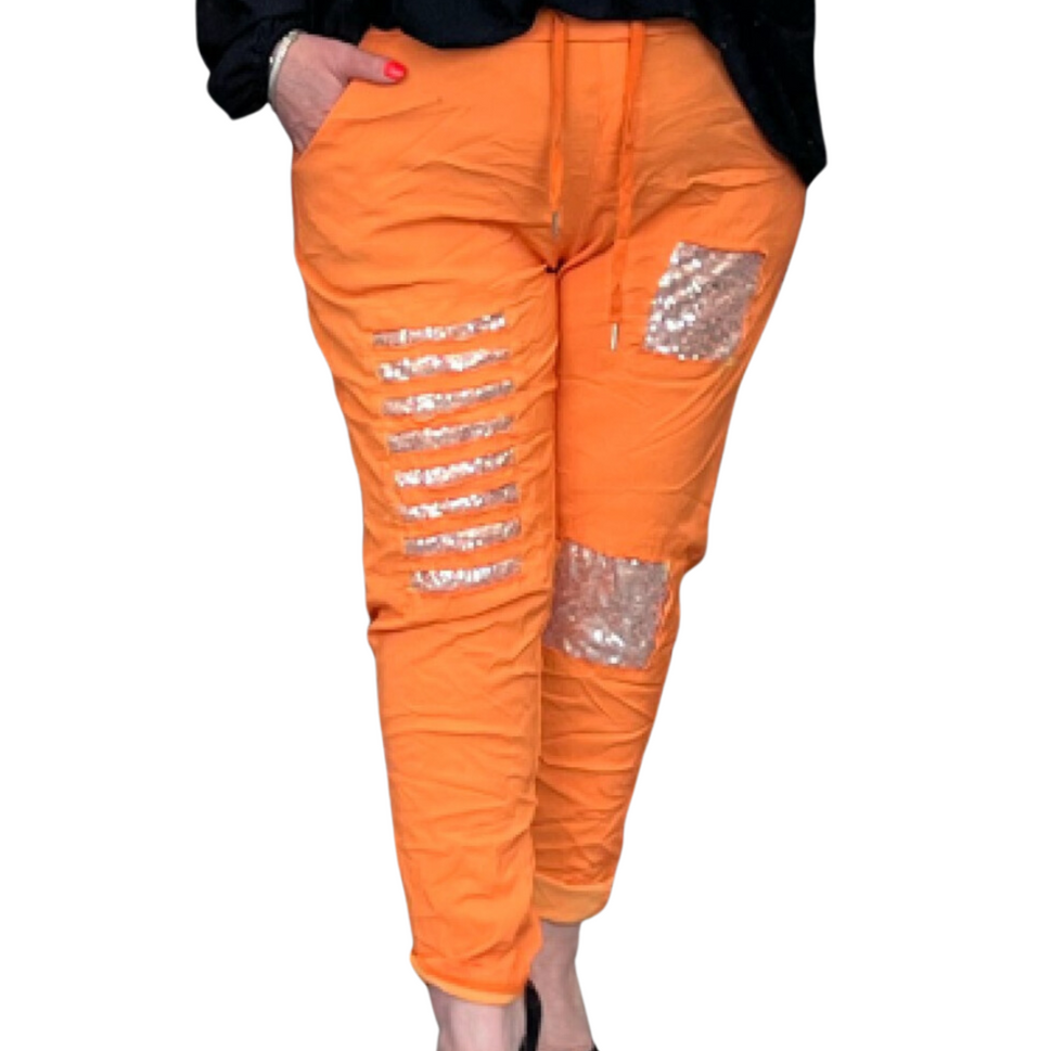 ROCKTHOSECURVES STRETCHY MAGIC TROUSERS / JEANS WITH SEQUIN PATCHESOrange / UK 12-14