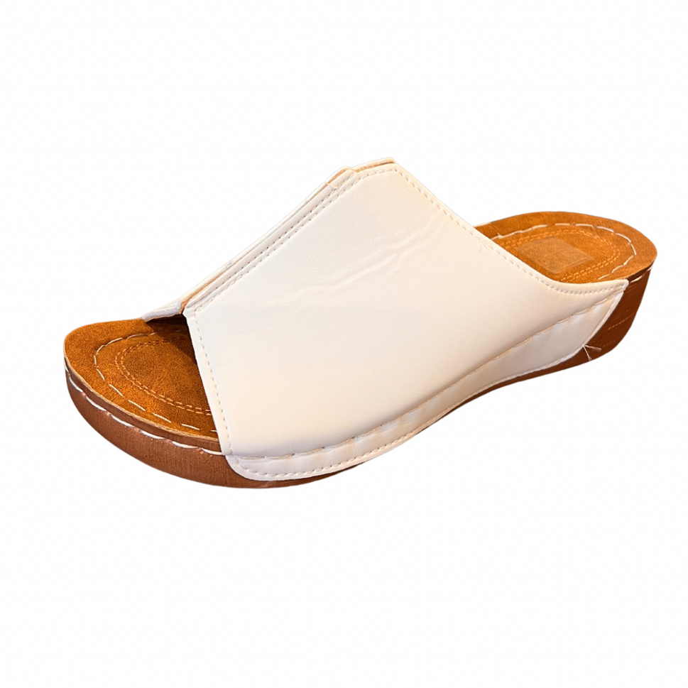 ROCKTHOSECURVES WHITE OPEN TOE LOW WEDGE MULES SANDALS