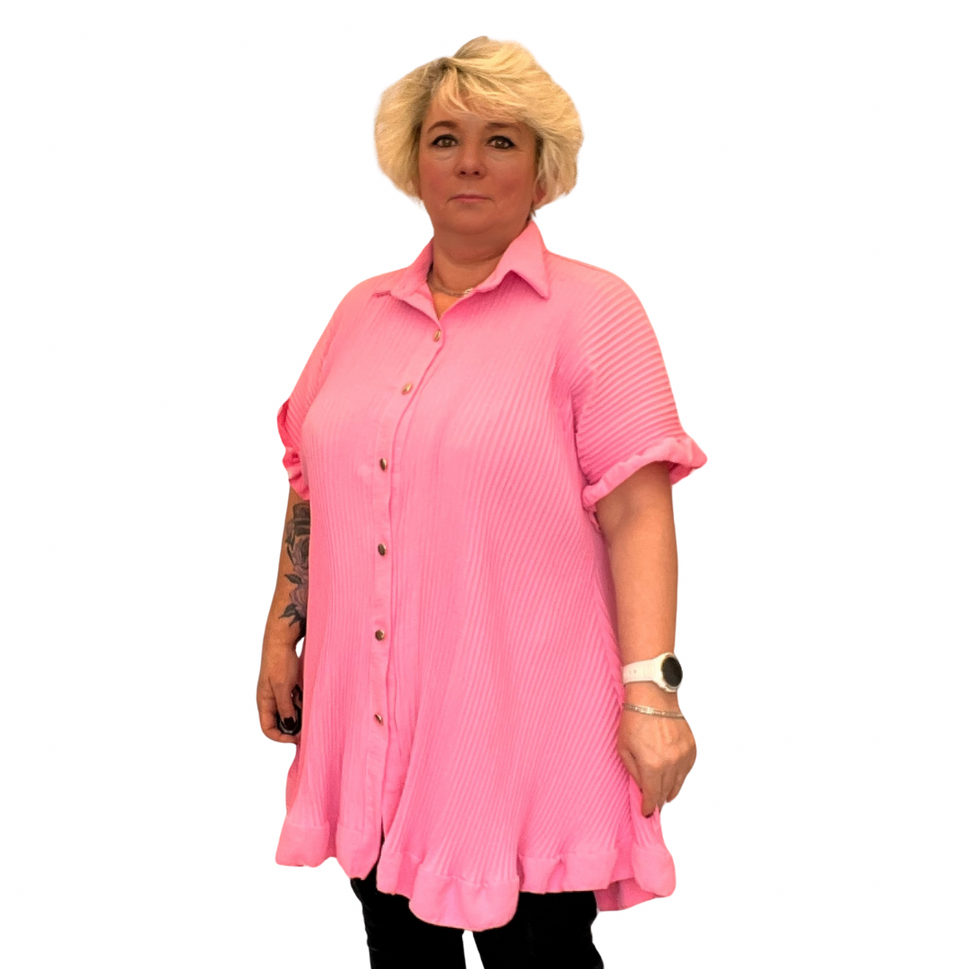 FRILLED EDGE SHORT SLEEVE BLOUSE / SHIRTBright Pink / UK 16-18