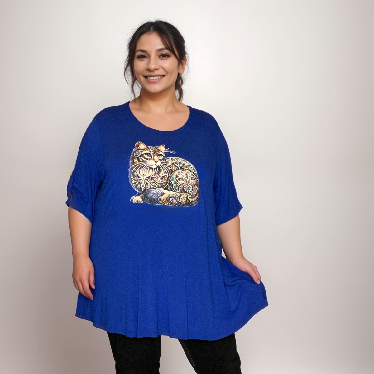 BUTTON SLEEVE SWING TOP WITH COLOURFUL CAT