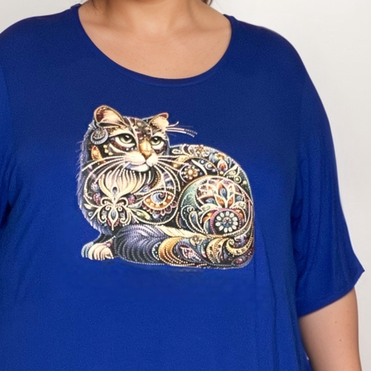 BUTTON SLEEVE SWING TOP WITH COLOURFUL CAT