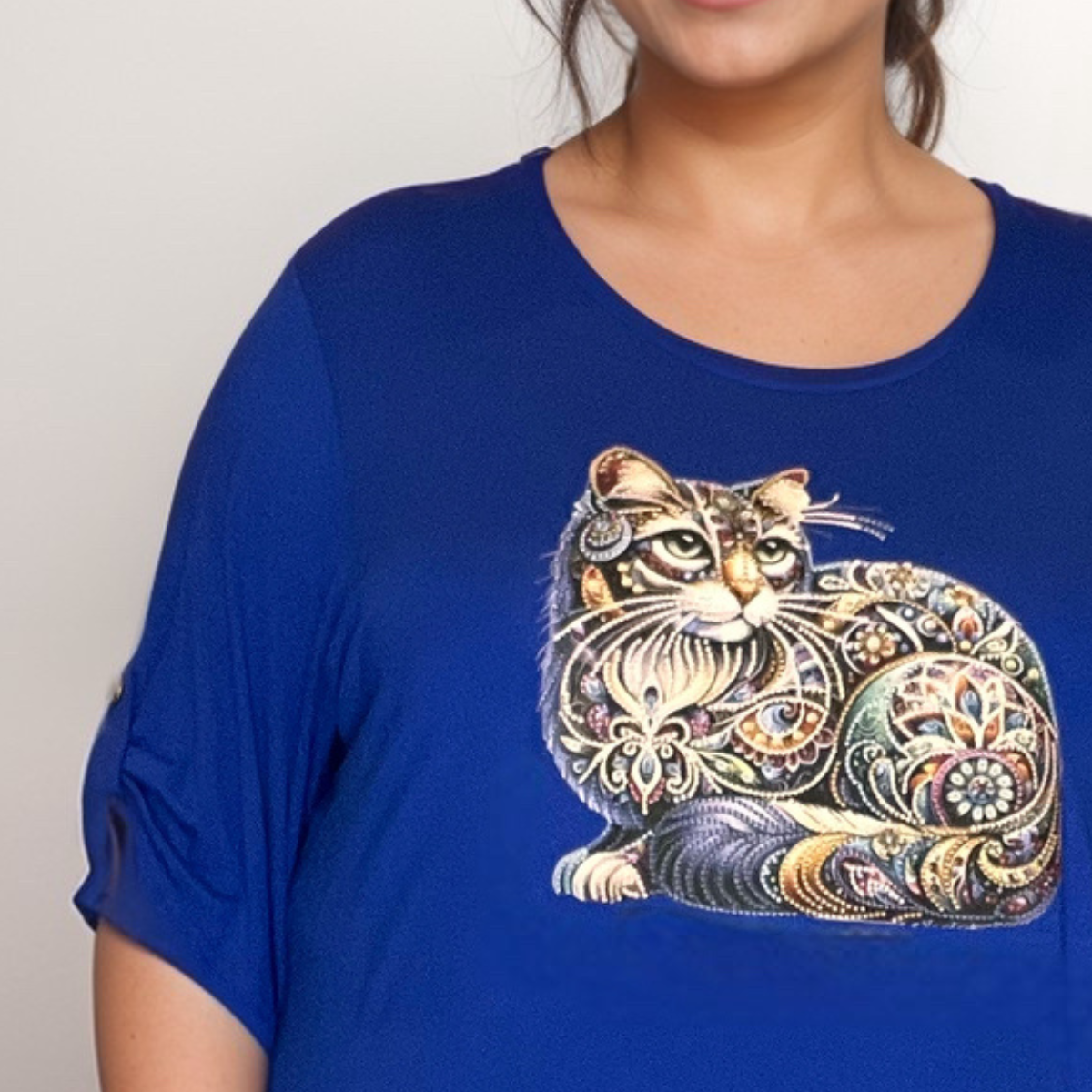 BUTTON SLEEVE SWING TOP WITH COLOURFUL CAT