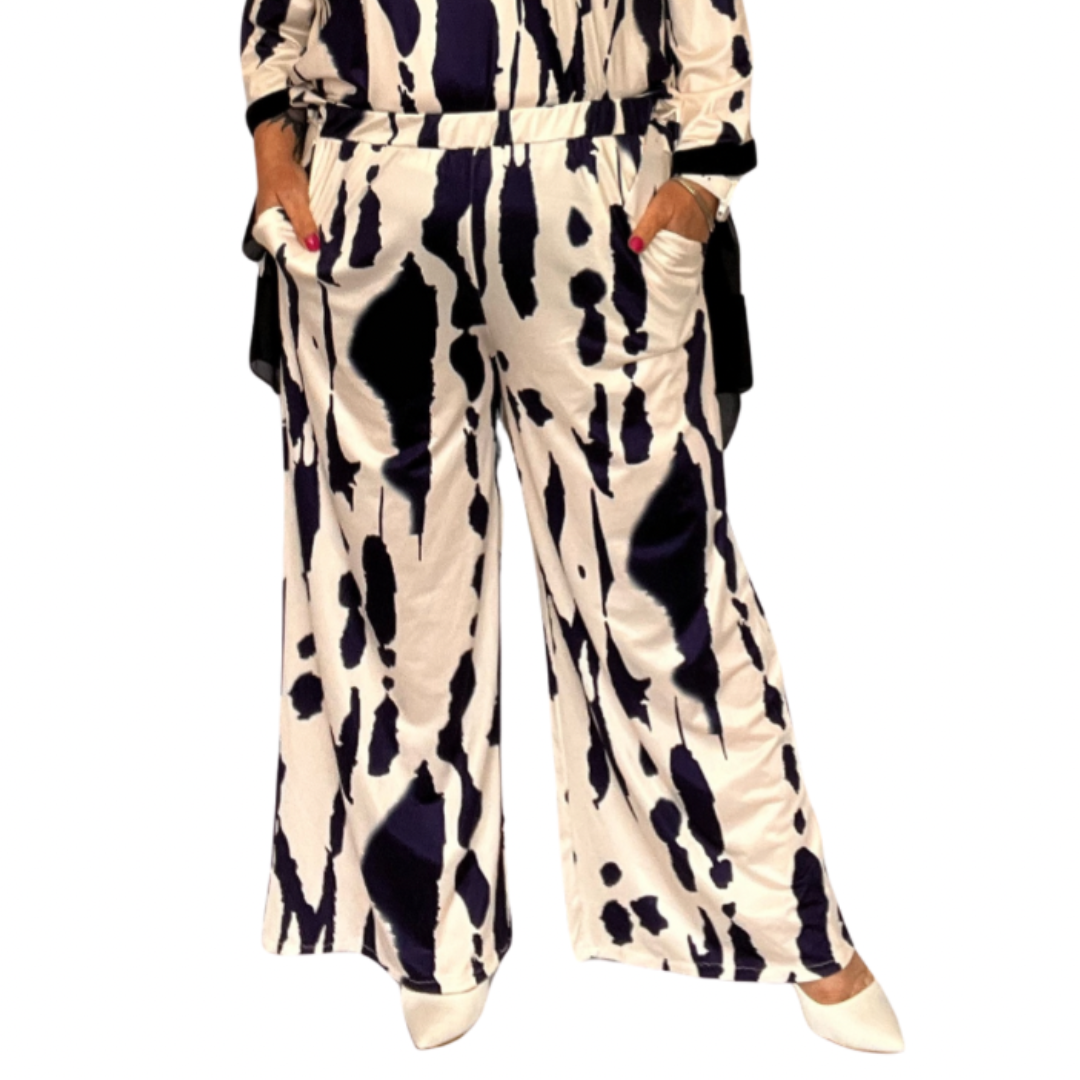 SPLASH PRINT STRETCHY ELASTICATED WAIST TROUSERS WITH POCKETS